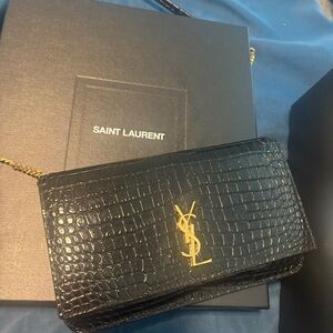 Saint Laurent Black Croc-Embossed Cassandre Crossbody Bag